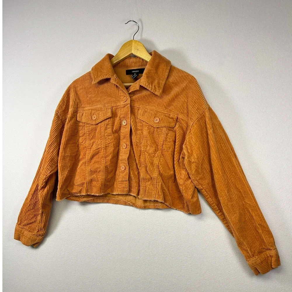 Forever 21 Corduroy Jacket Womens Medium Orange Cropped Raw Hem Button Up Boho - Picture 9 of 9